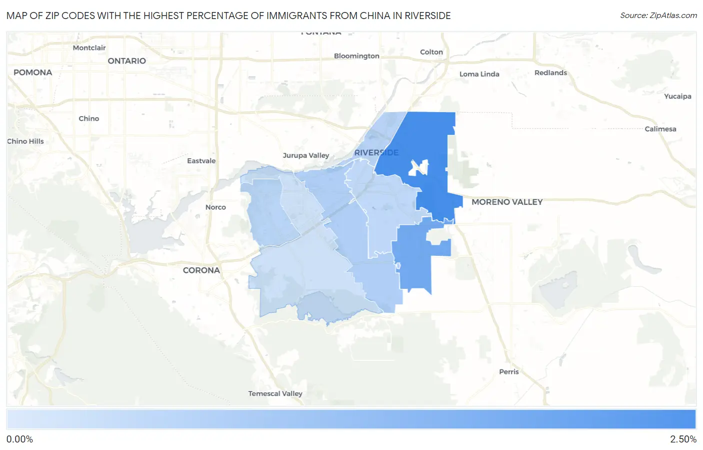 Zip Codes with the Highest Percentage of Immigrants from China in Riverside Map