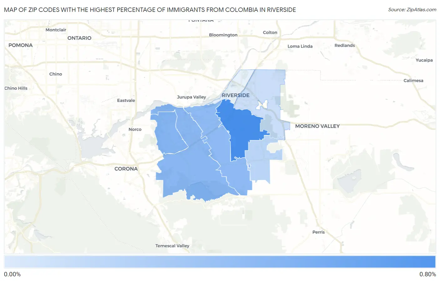 Zip Codes with the Highest Percentage of Immigrants from Colombia in Riverside Map