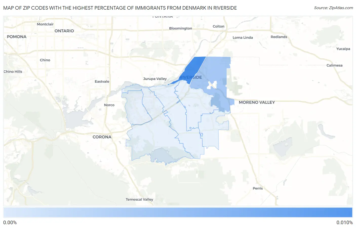 Zip Codes with the Highest Percentage of Immigrants from Denmark in Riverside Map