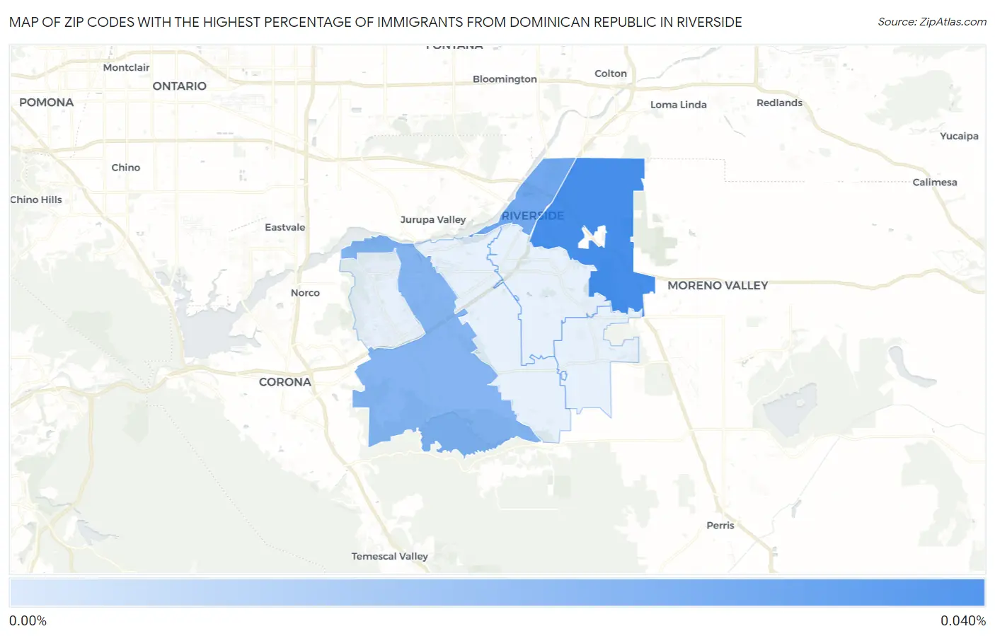 Zip Codes with the Highest Percentage of Immigrants from Dominican Republic in Riverside Map