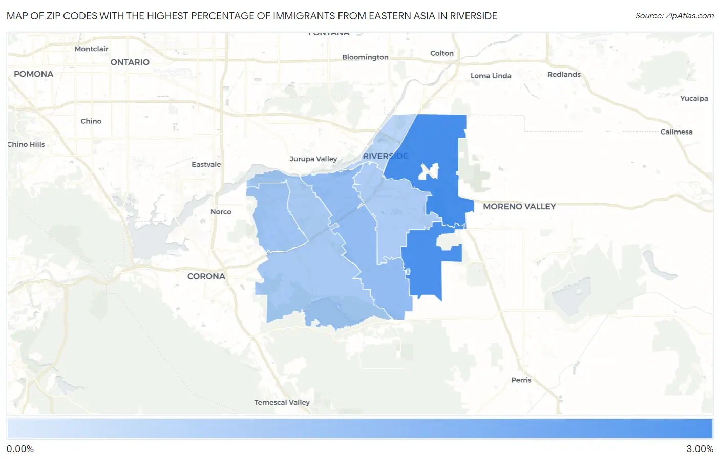 Zip Codes with the Highest Percentage of Immigrants from Eastern Asia in Riverside Map