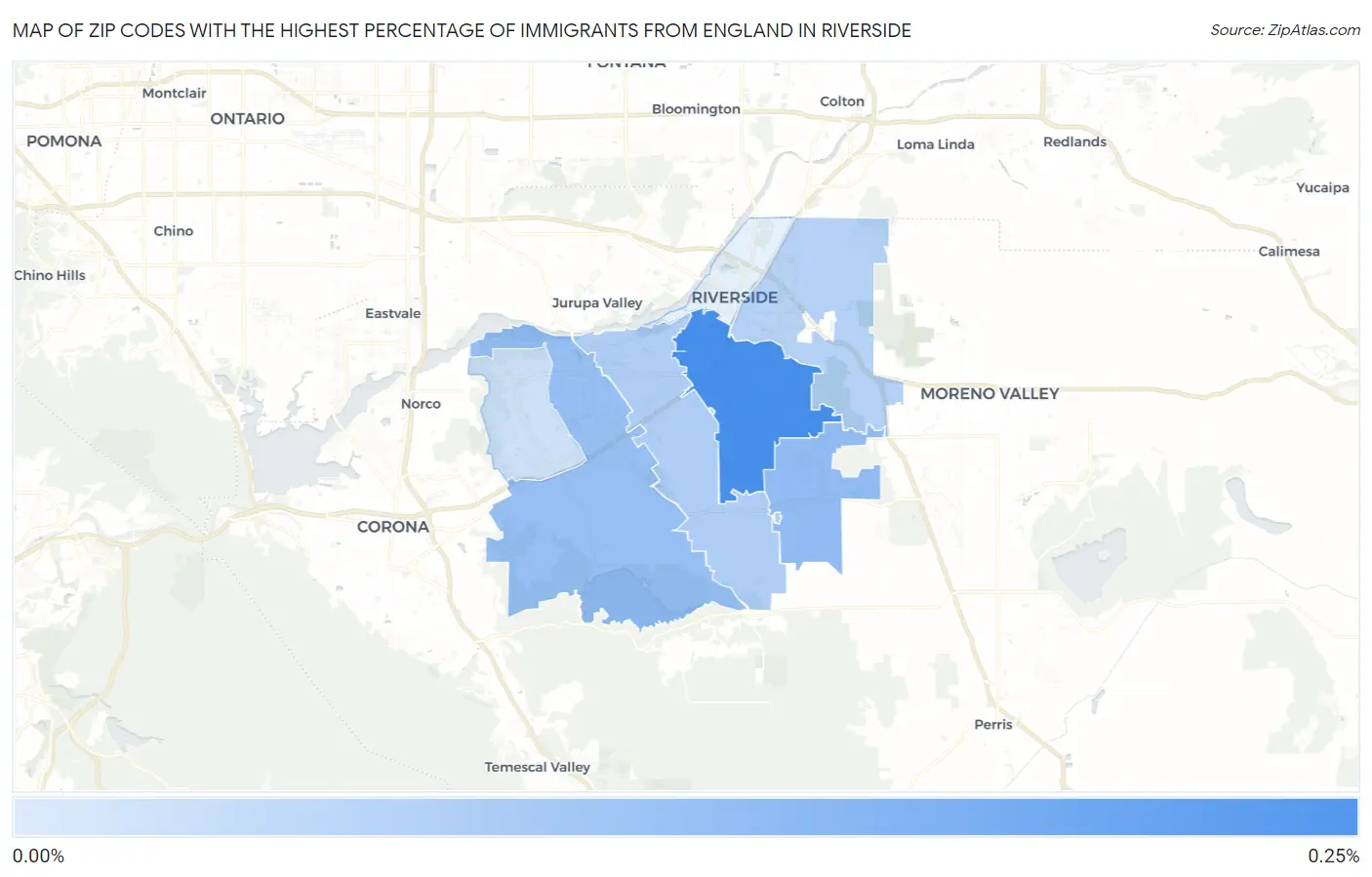 Zip Codes with the Highest Percentage of Immigrants from England in Riverside Map