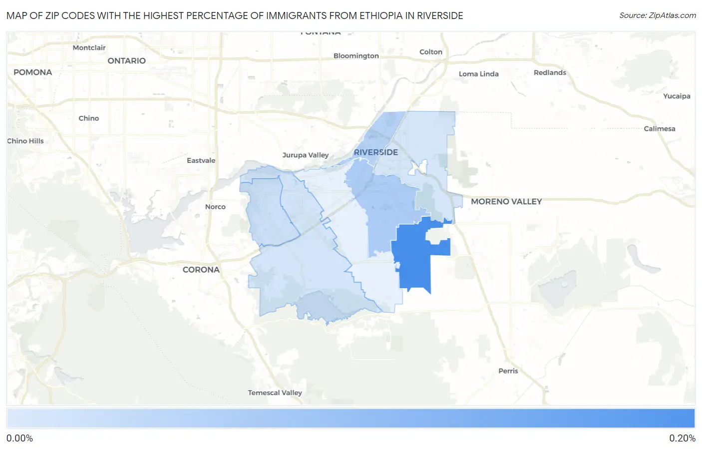Zip Codes with the Highest Percentage of Immigrants from Ethiopia in Riverside Map