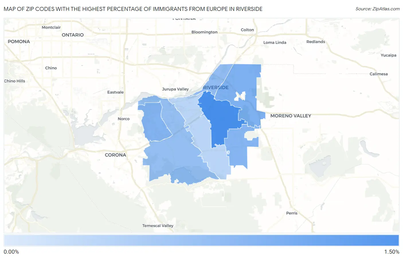 Zip Codes with the Highest Percentage of Immigrants from Europe in Riverside Map