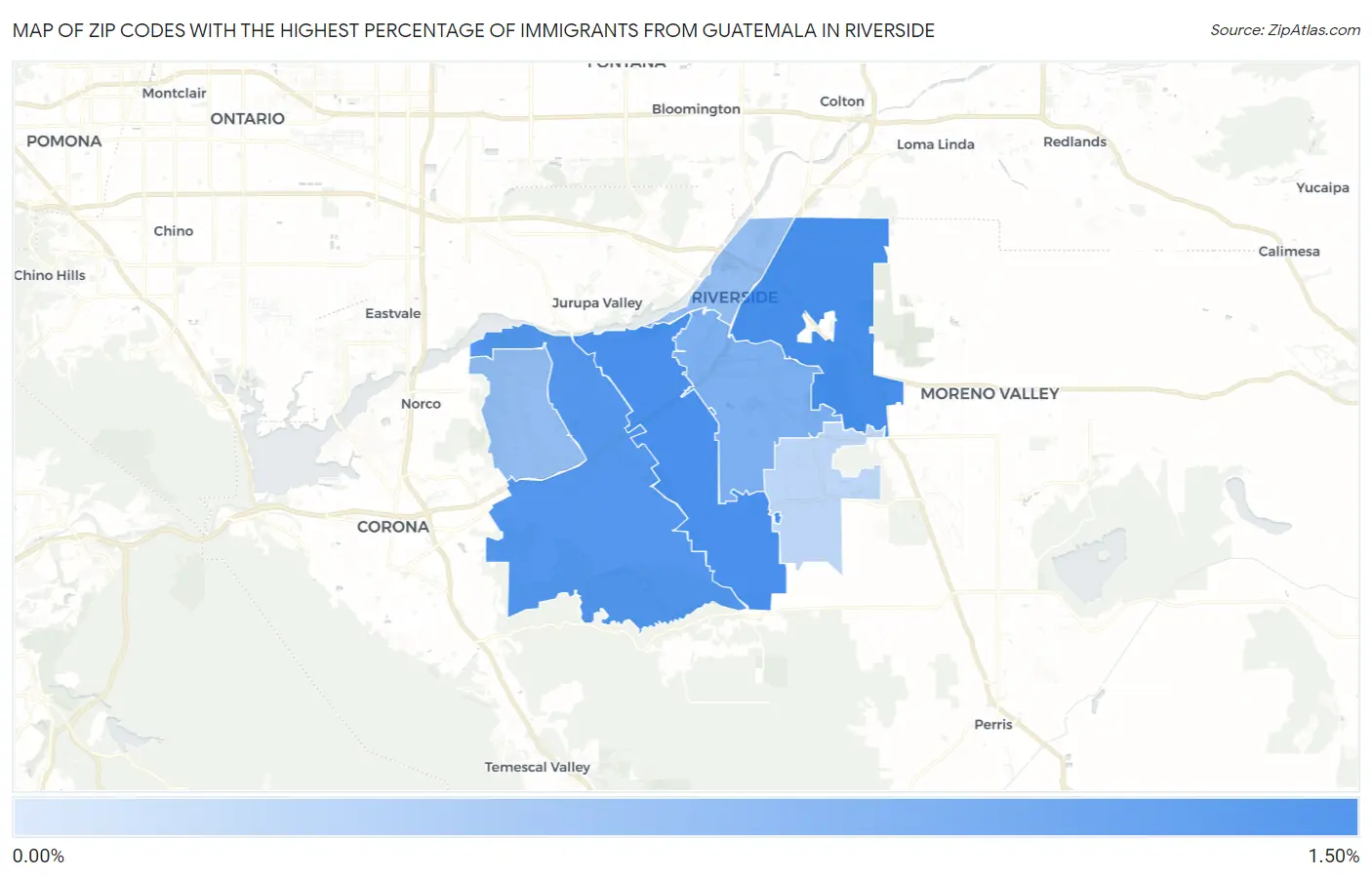 Zip Codes with the Highest Percentage of Immigrants from Guatemala in Riverside Map