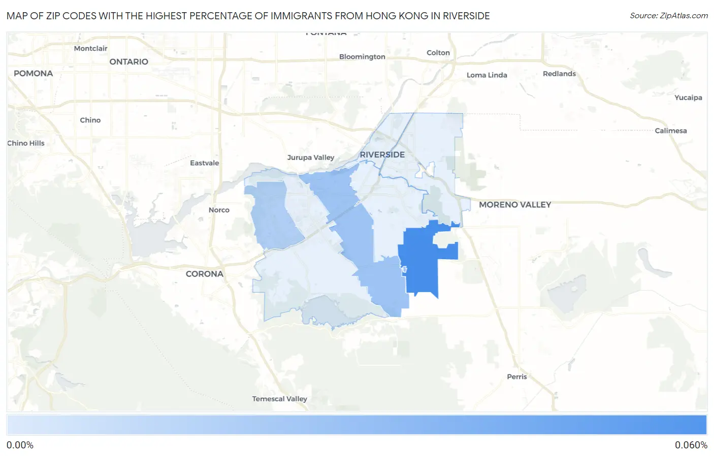 Zip Codes with the Highest Percentage of Immigrants from Hong Kong in Riverside Map