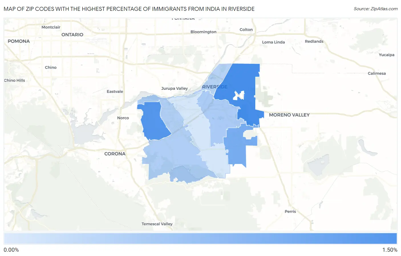 Zip Codes with the Highest Percentage of Immigrants from India in Riverside Map