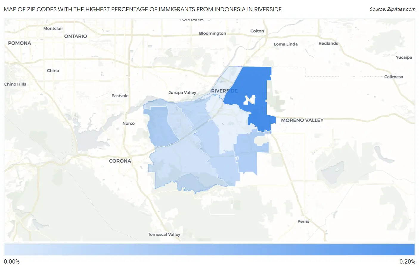 Zip Codes with the Highest Percentage of Immigrants from Indonesia in Riverside Map