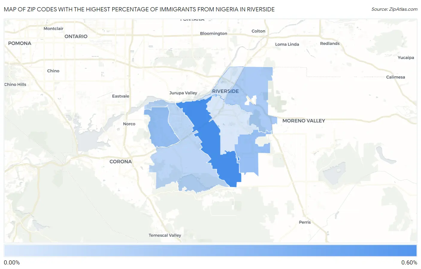 Zip Codes with the Highest Percentage of Immigrants from Nigeria in Riverside Map