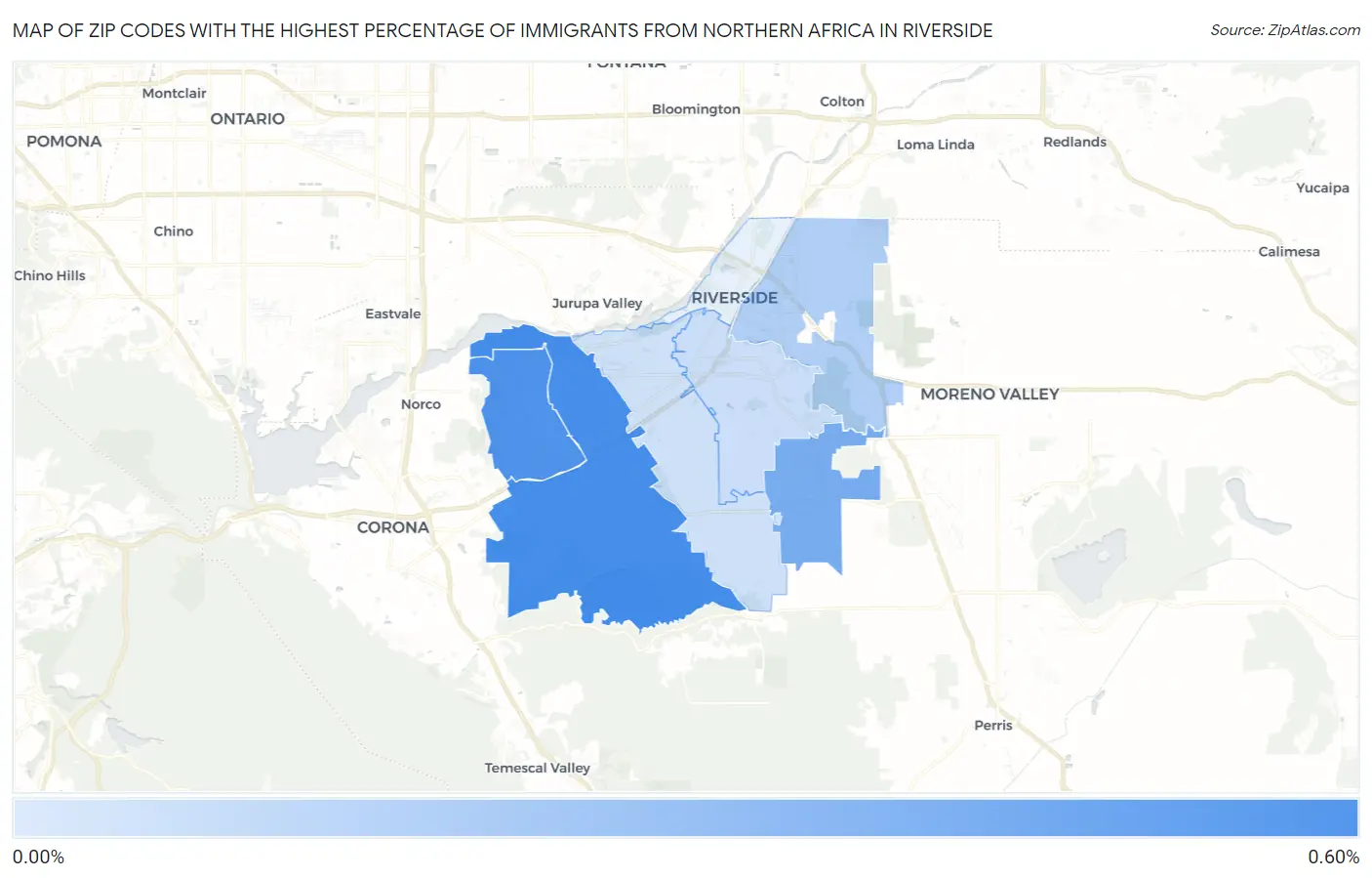 Zip Codes with the Highest Percentage of Immigrants from Northern Africa in Riverside Map