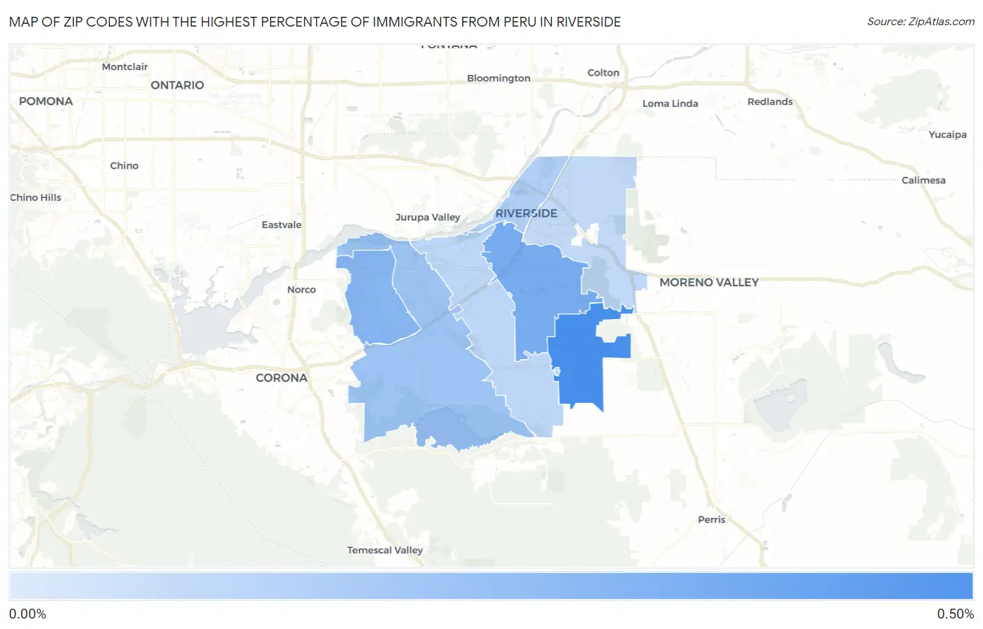 Zip Codes with the Highest Percentage of Immigrants from Peru in Riverside Map