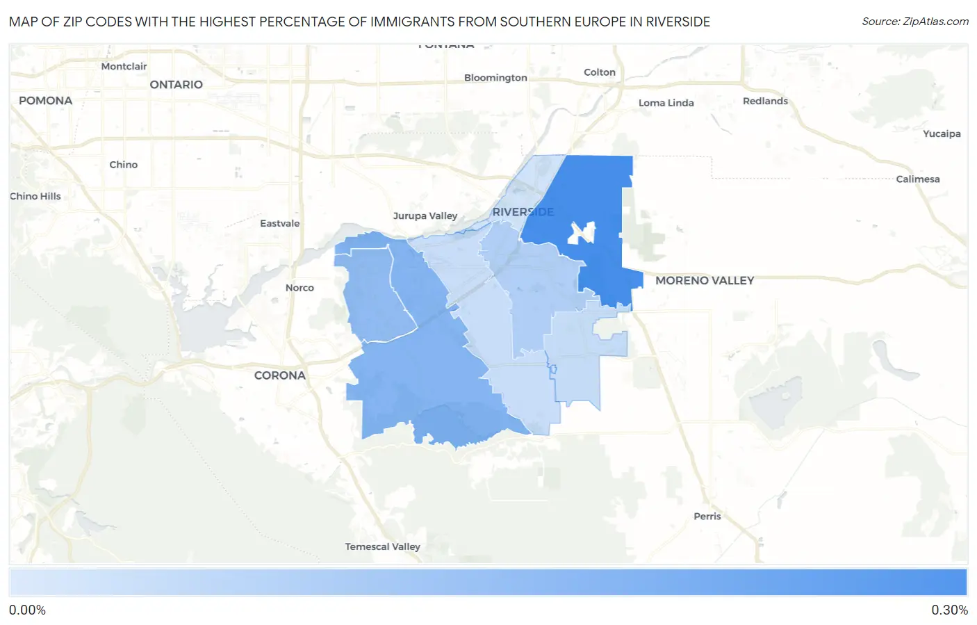 Zip Codes with the Highest Percentage of Immigrants from Southern Europe in Riverside Map