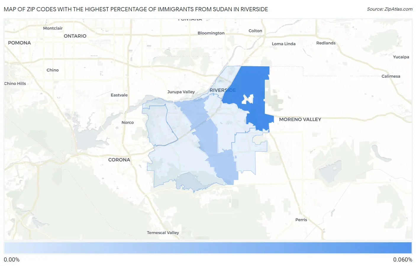 Zip Codes with the Highest Percentage of Immigrants from Sudan in Riverside Map