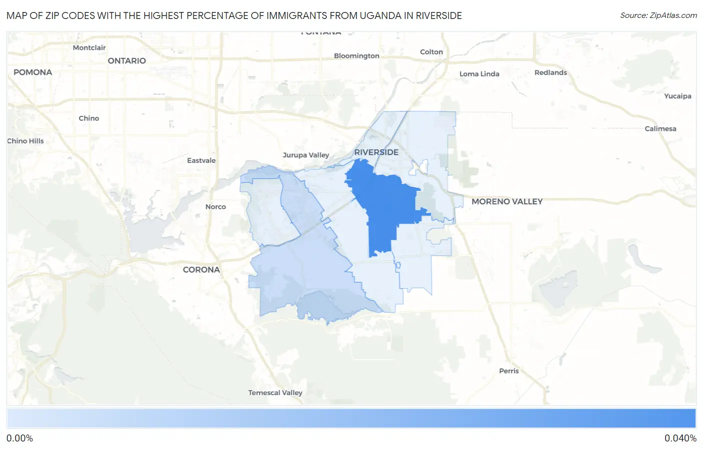 Zip Codes with the Highest Percentage of Immigrants from Uganda in Riverside Map