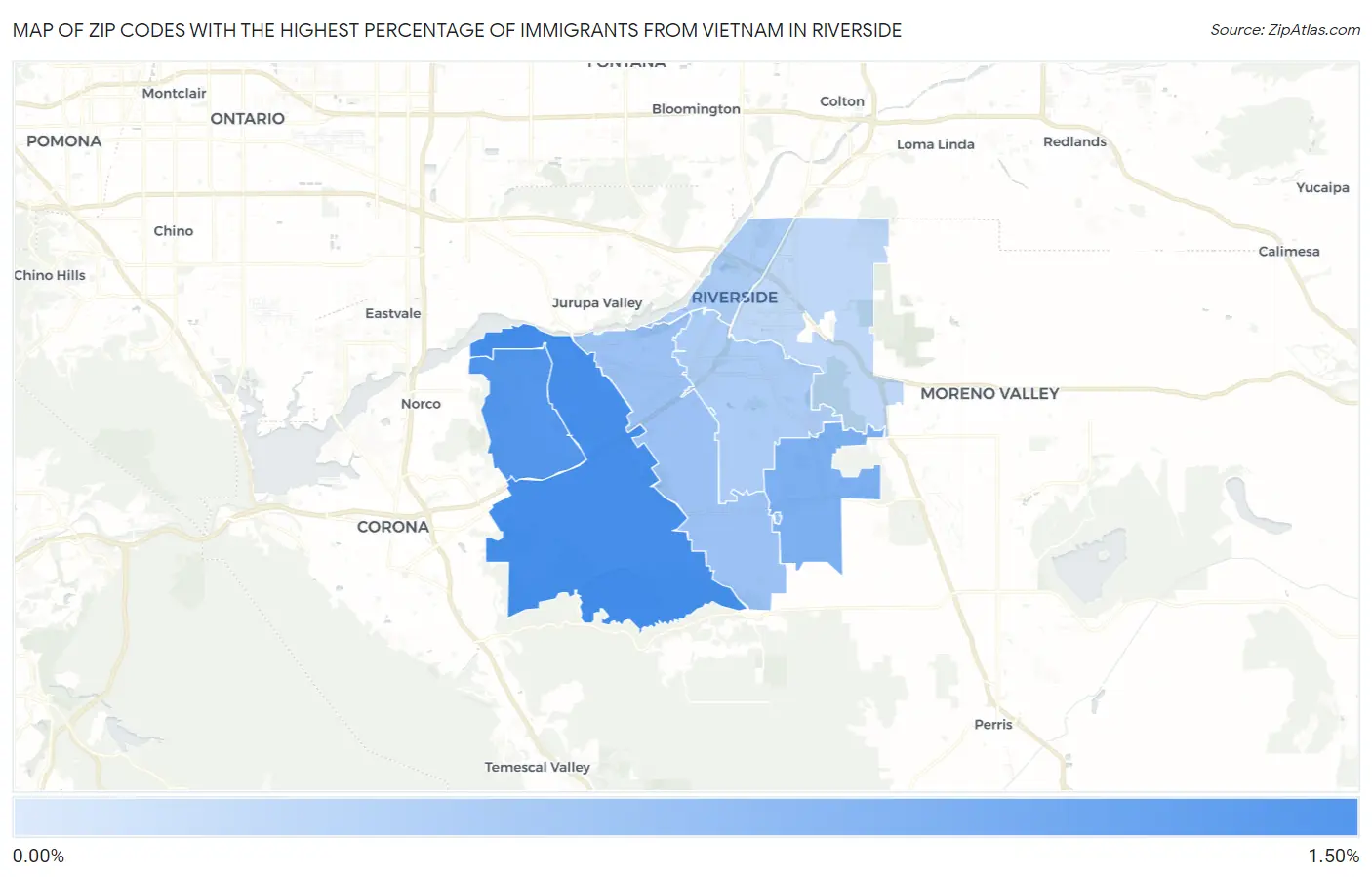 Zip Codes with the Highest Percentage of Immigrants from Vietnam in Riverside Map