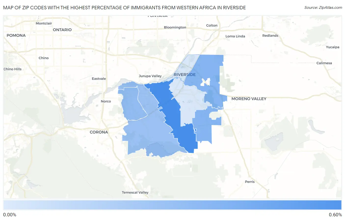 Zip Codes with the Highest Percentage of Immigrants from Western Africa in Riverside Map