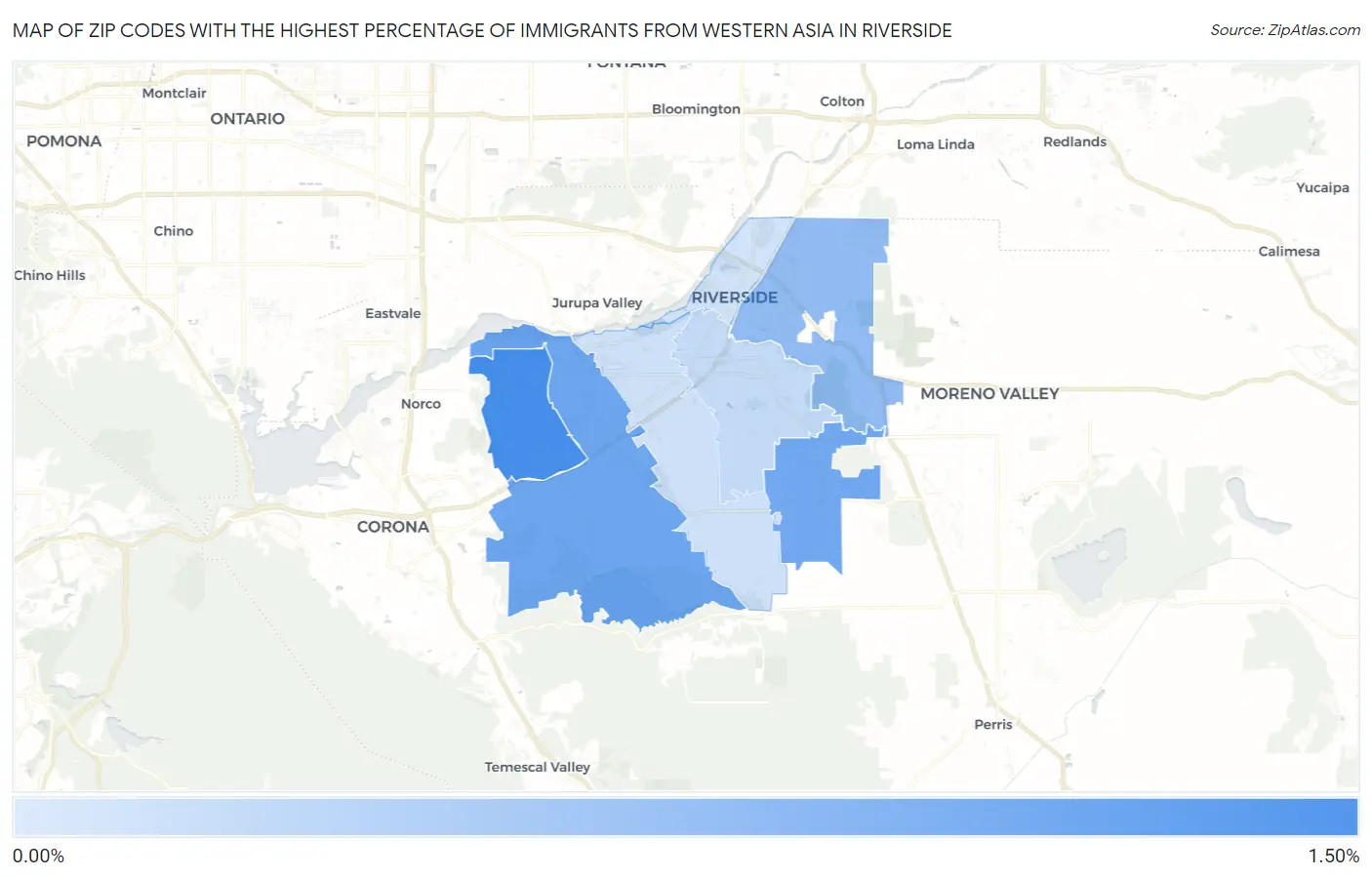 Zip Codes with the Highest Percentage of Immigrants from Western Asia in Riverside Map
