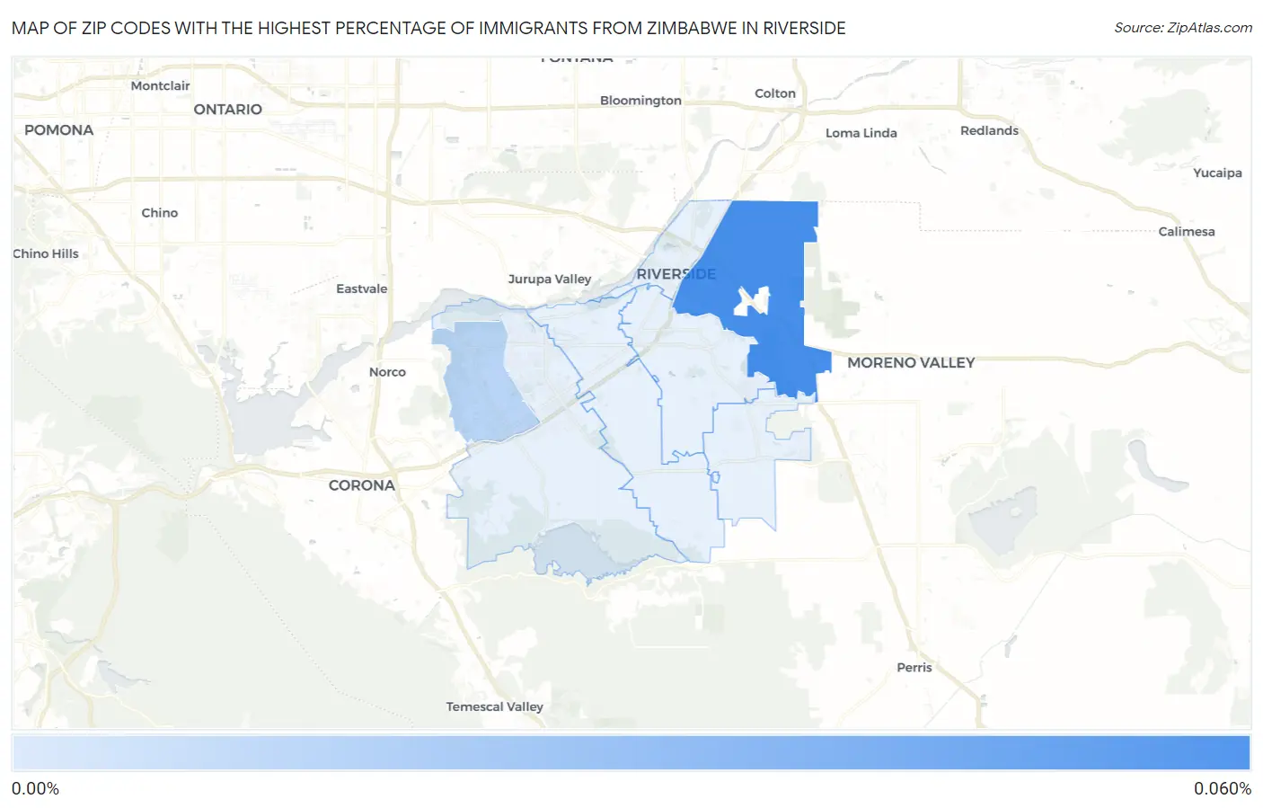 Zip Codes with the Highest Percentage of Immigrants from Zimbabwe in Riverside Map