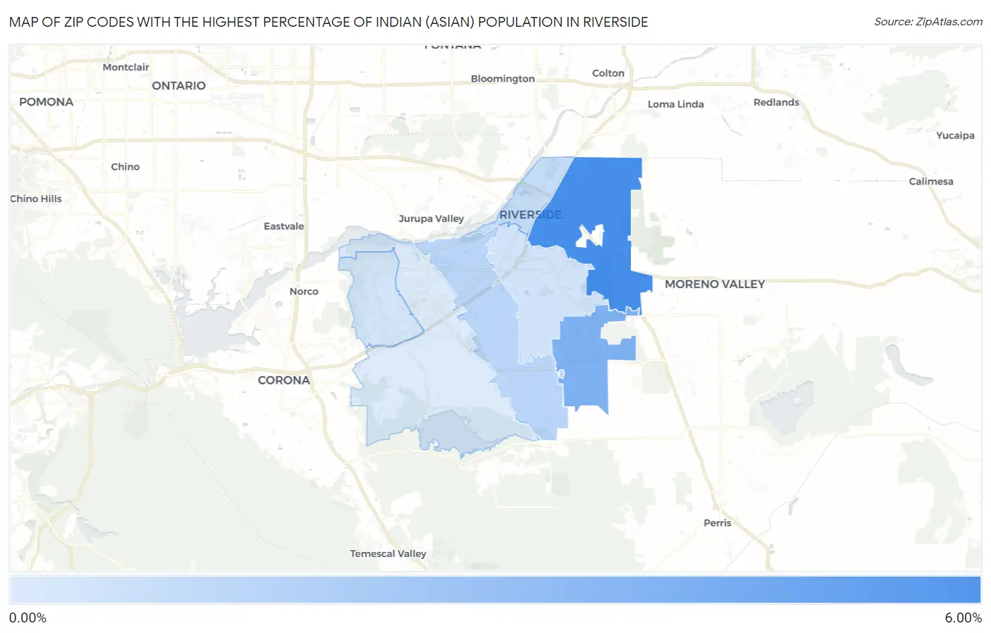 Zip Codes with the Highest Percentage of Indian (Asian) Population in Riverside Map