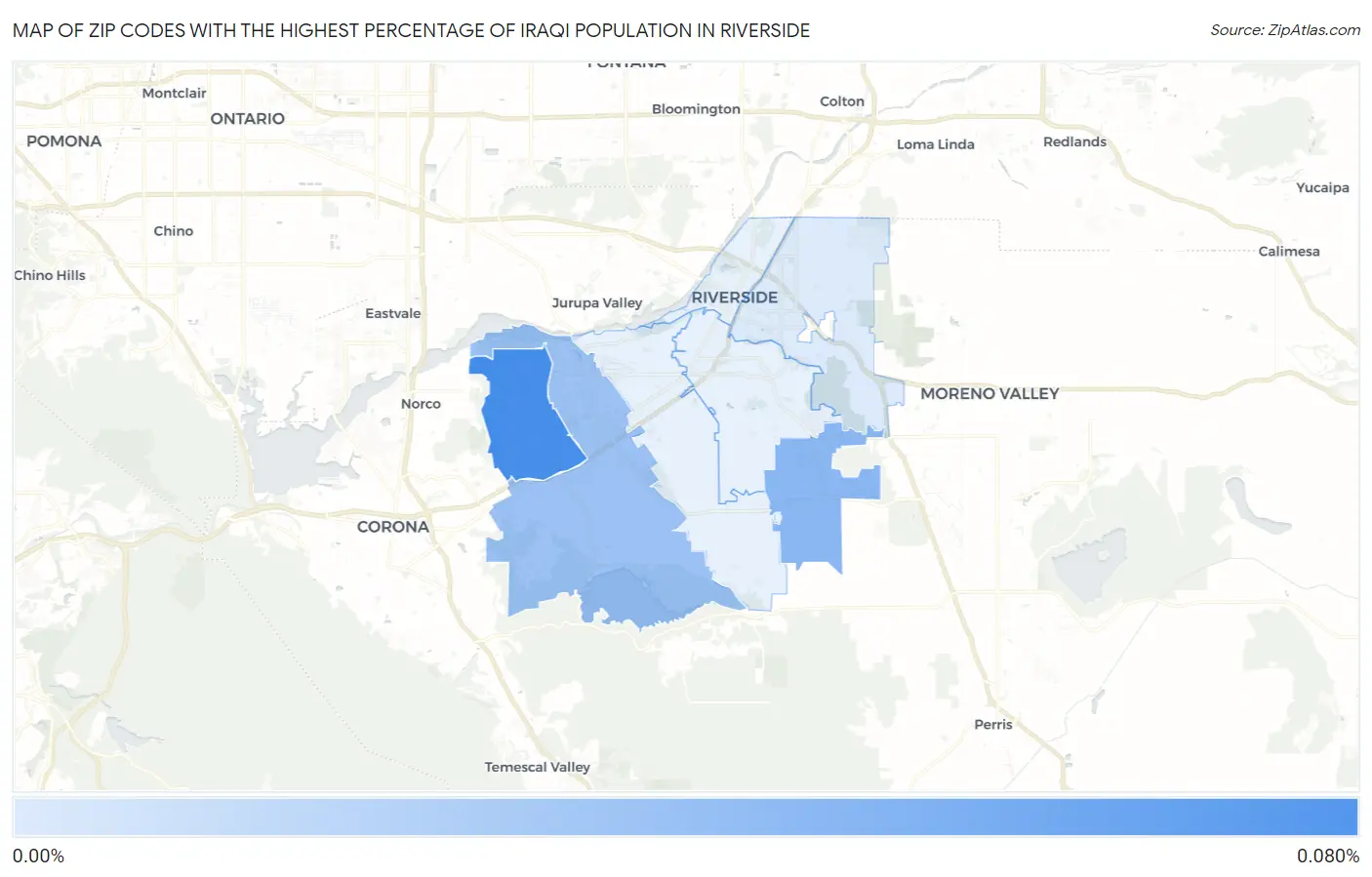 Zip Codes with the Highest Percentage of Iraqi Population in Riverside Map