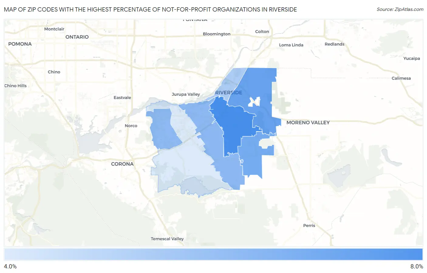 Zip Codes with the Highest Percentage of Not-for-profit Organizations in Riverside Map