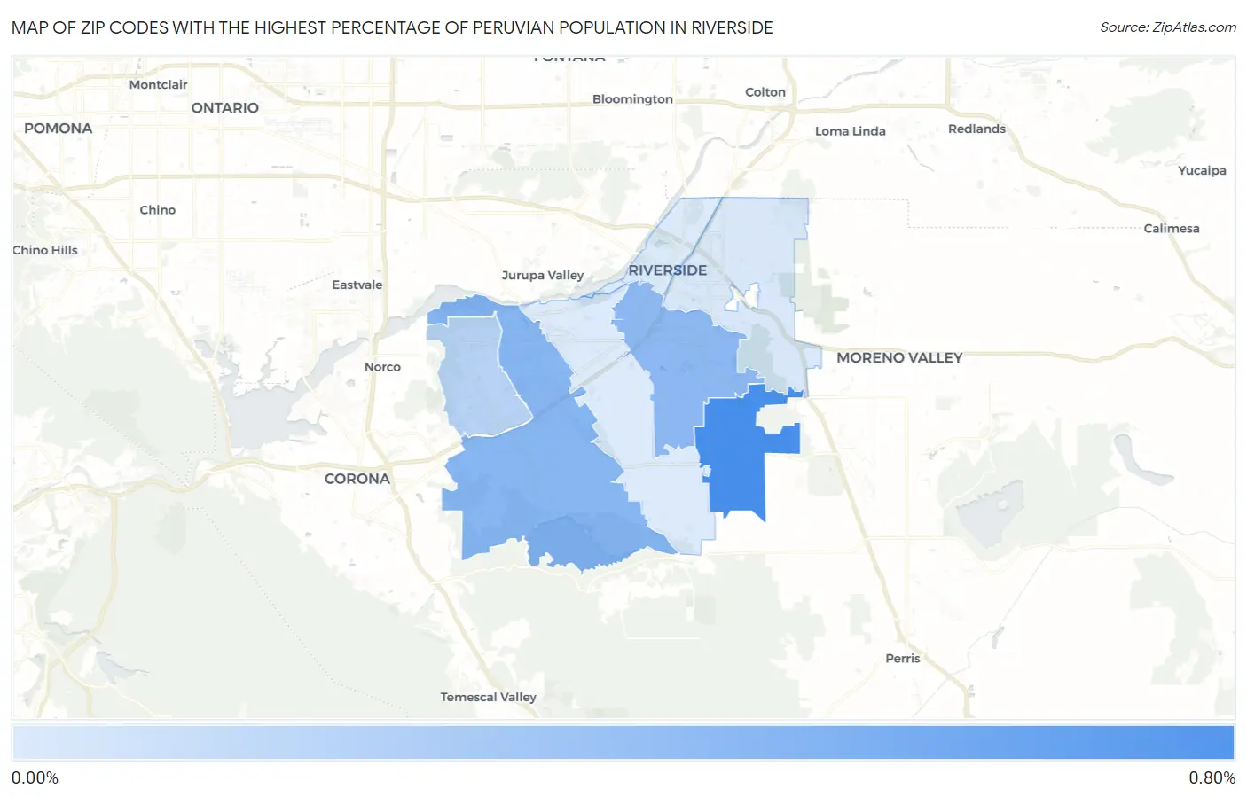 Zip Codes with the Highest Percentage of Peruvian Population in Riverside Map