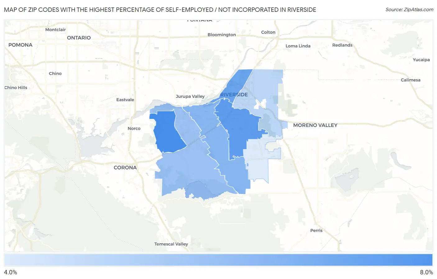 Zip Codes with the Highest Percentage of Self-Employed / Not Incorporated in Riverside Map