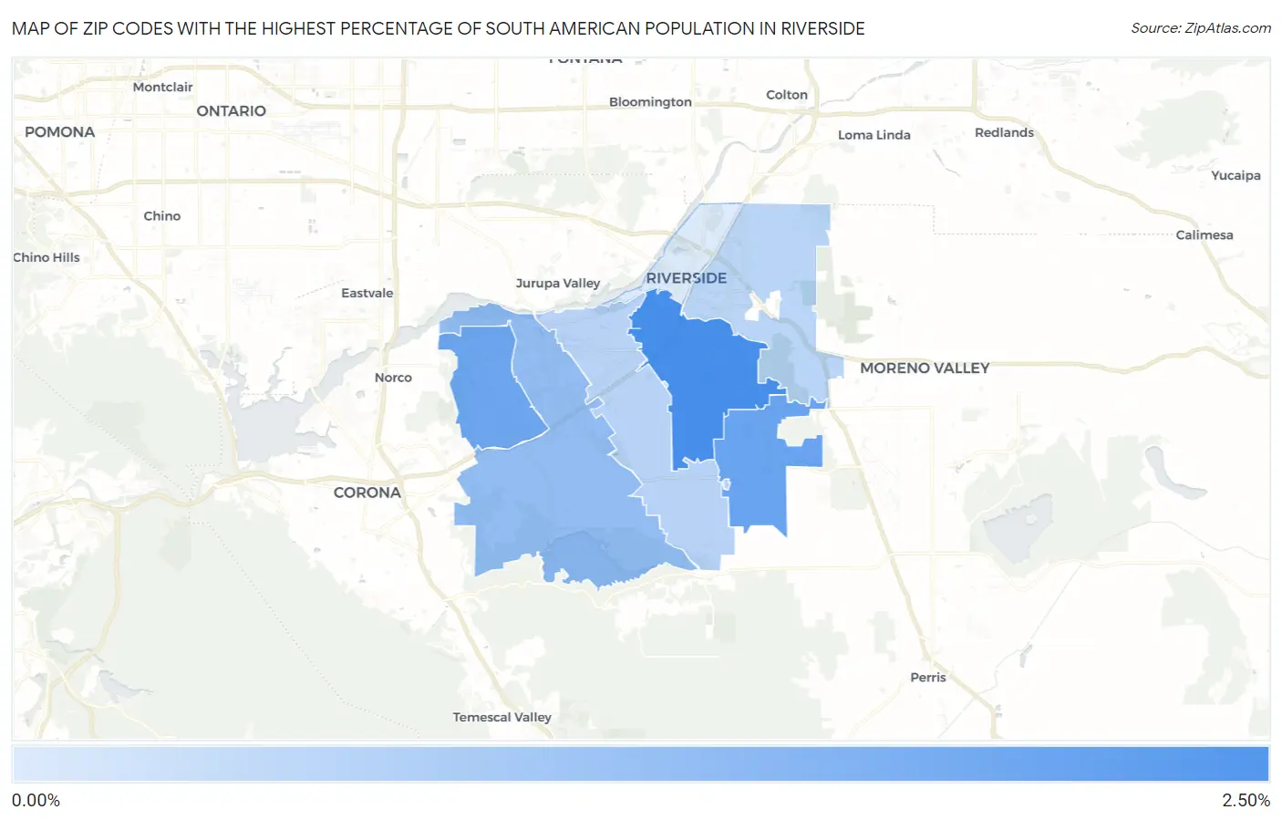Zip Codes with the Highest Percentage of South American Population in Riverside Map