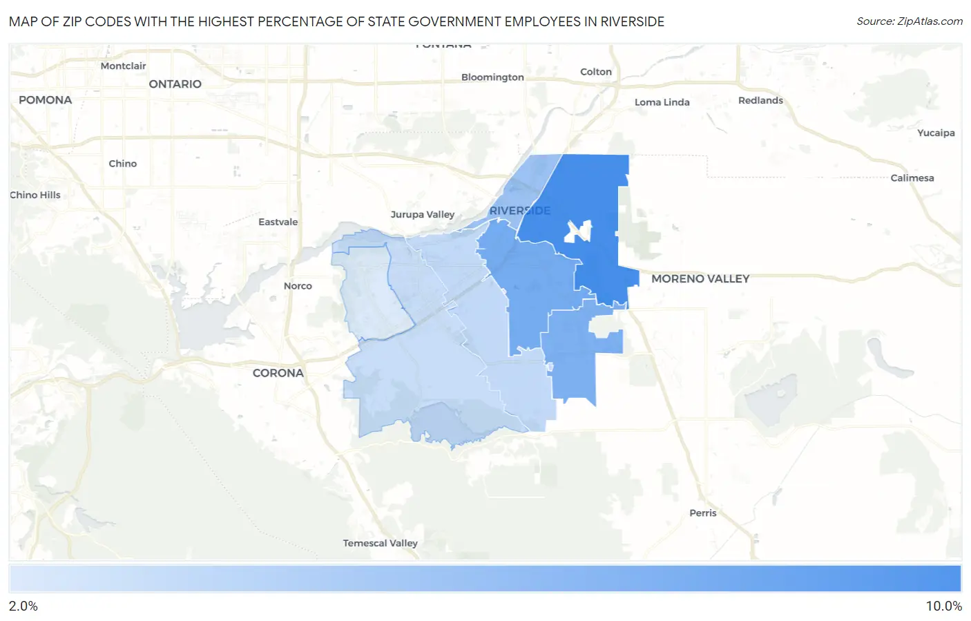 Zip Codes with the Highest Percentage of State Government Employees in Riverside Map