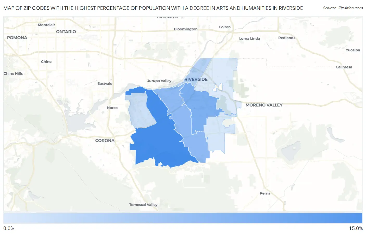 Zip Codes with the Highest Percentage of Population with a Degree in Arts and Humanities in Riverside Map