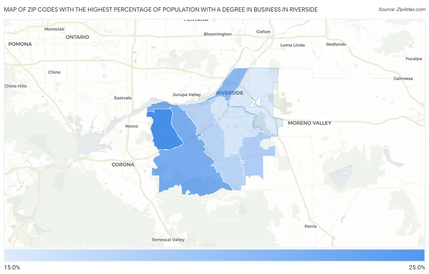 Zip Codes with the Highest Percentage of Population with a Degree in Business in Riverside Map