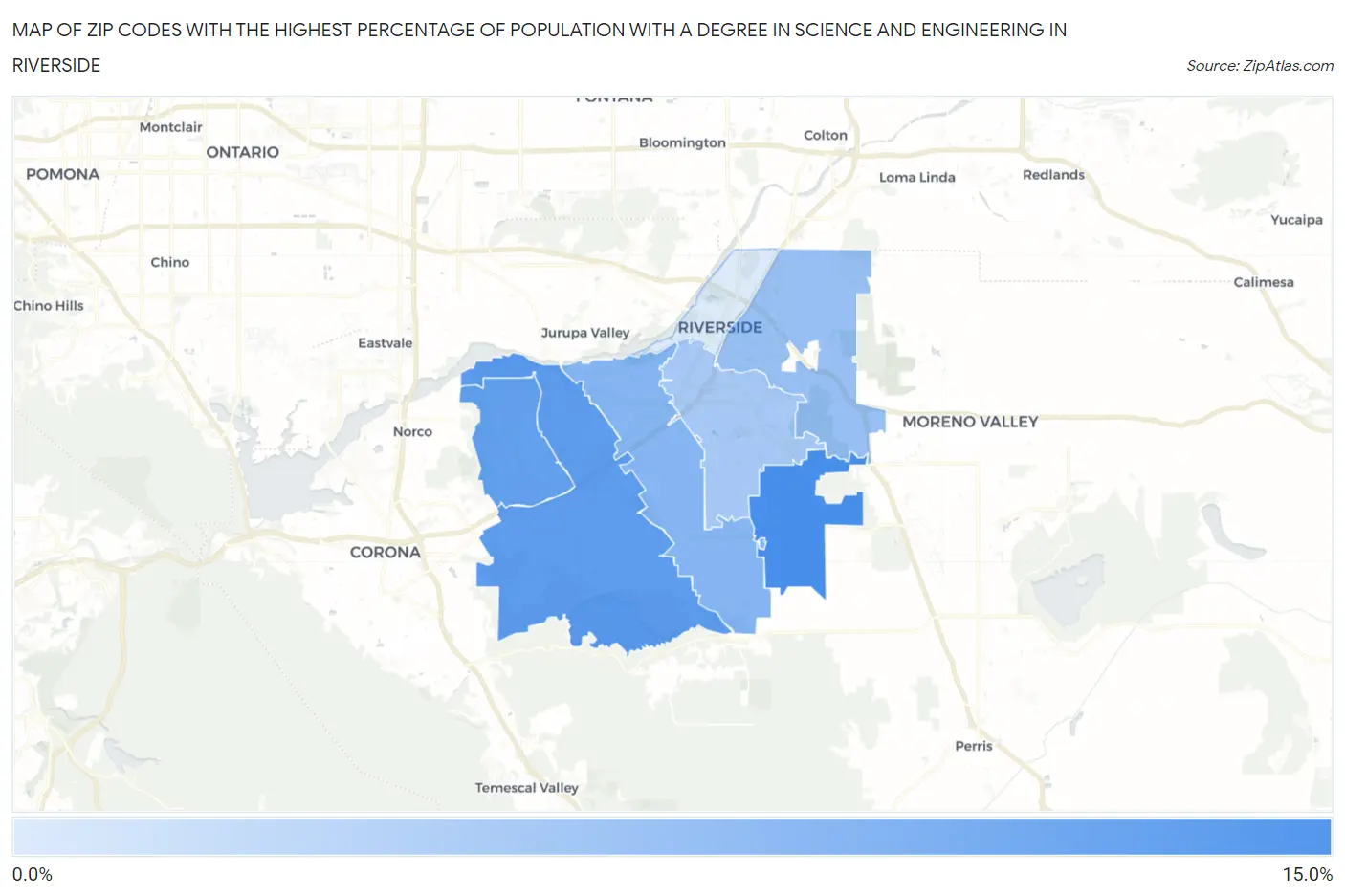 Zip Codes with the Highest Percentage of Population with a Degree in Science and Engineering in Riverside Map