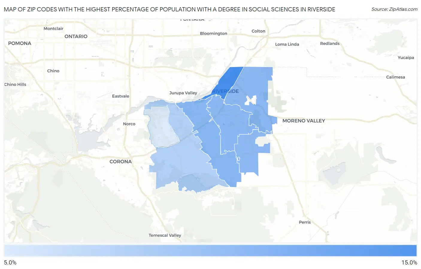 Zip Codes with the Highest Percentage of Population with a Degree in Social Sciences in Riverside Map