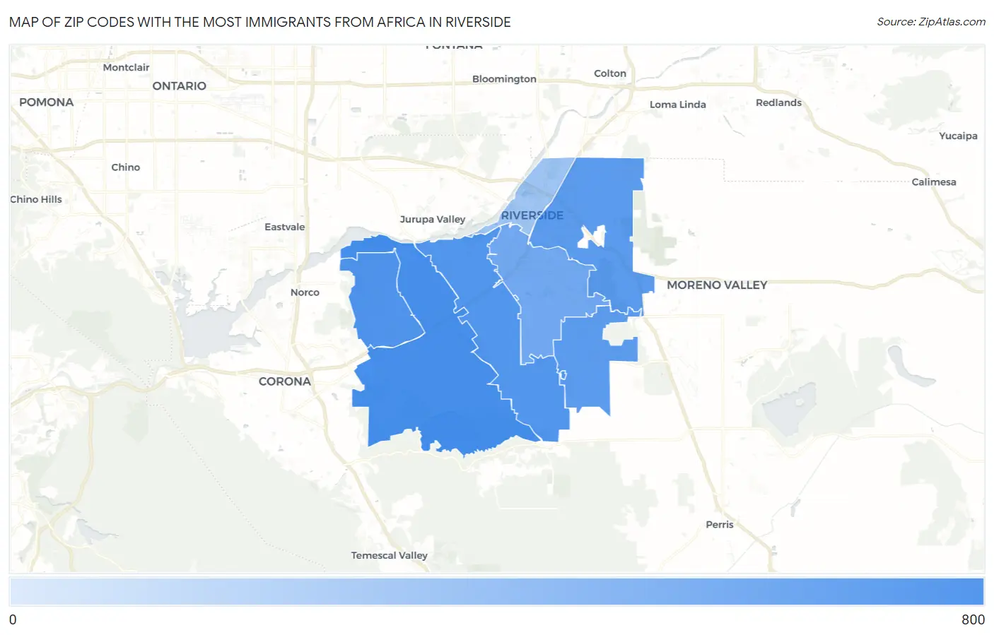 Zip Codes with the Most Immigrants from Africa in Riverside Map