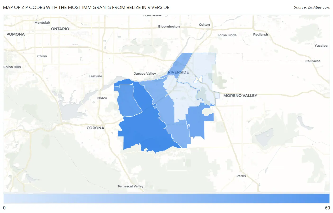 Zip Codes with the Most Immigrants from Belize in Riverside Map