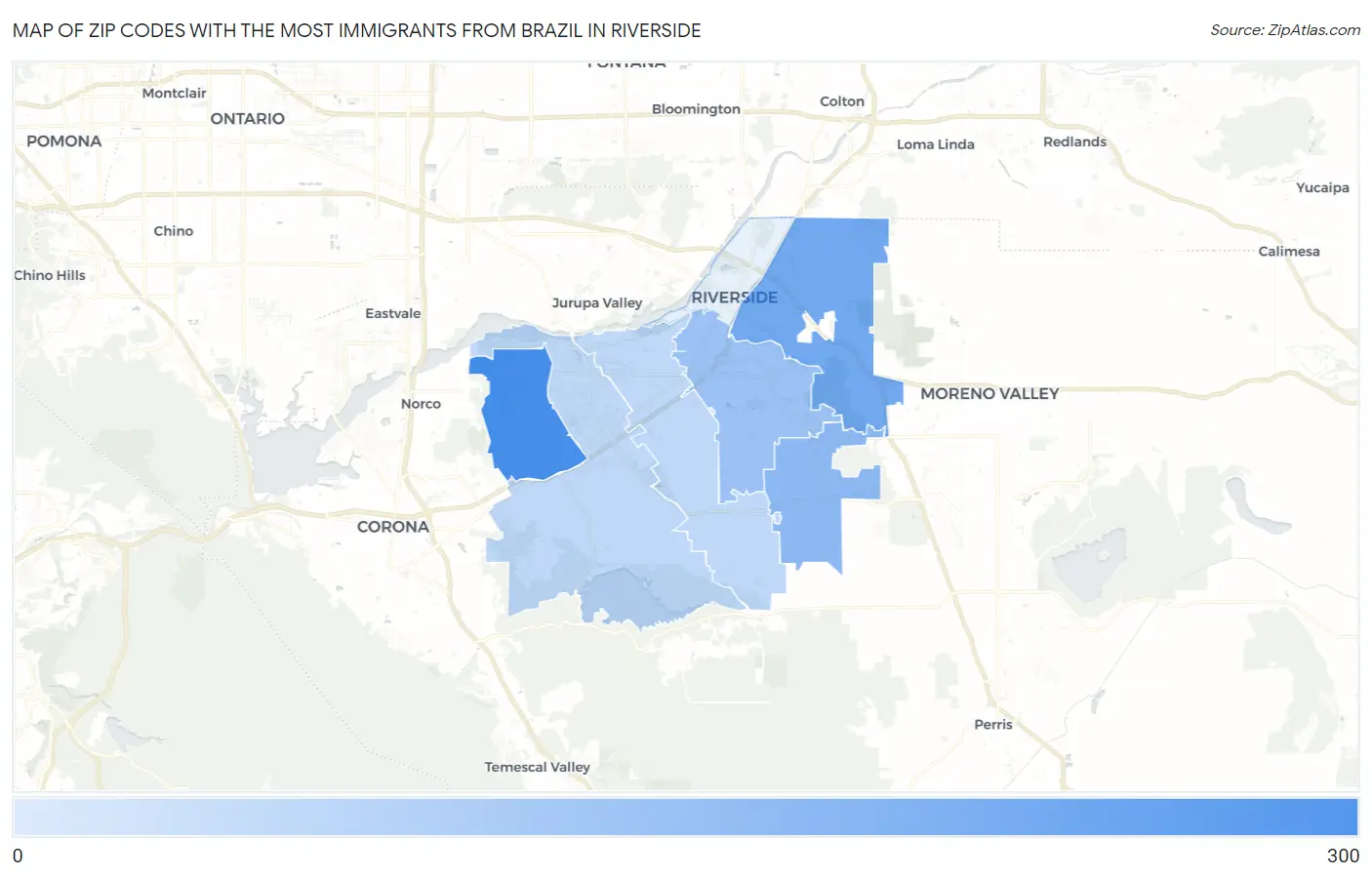 Zip Codes with the Most Immigrants from Brazil in Riverside Map