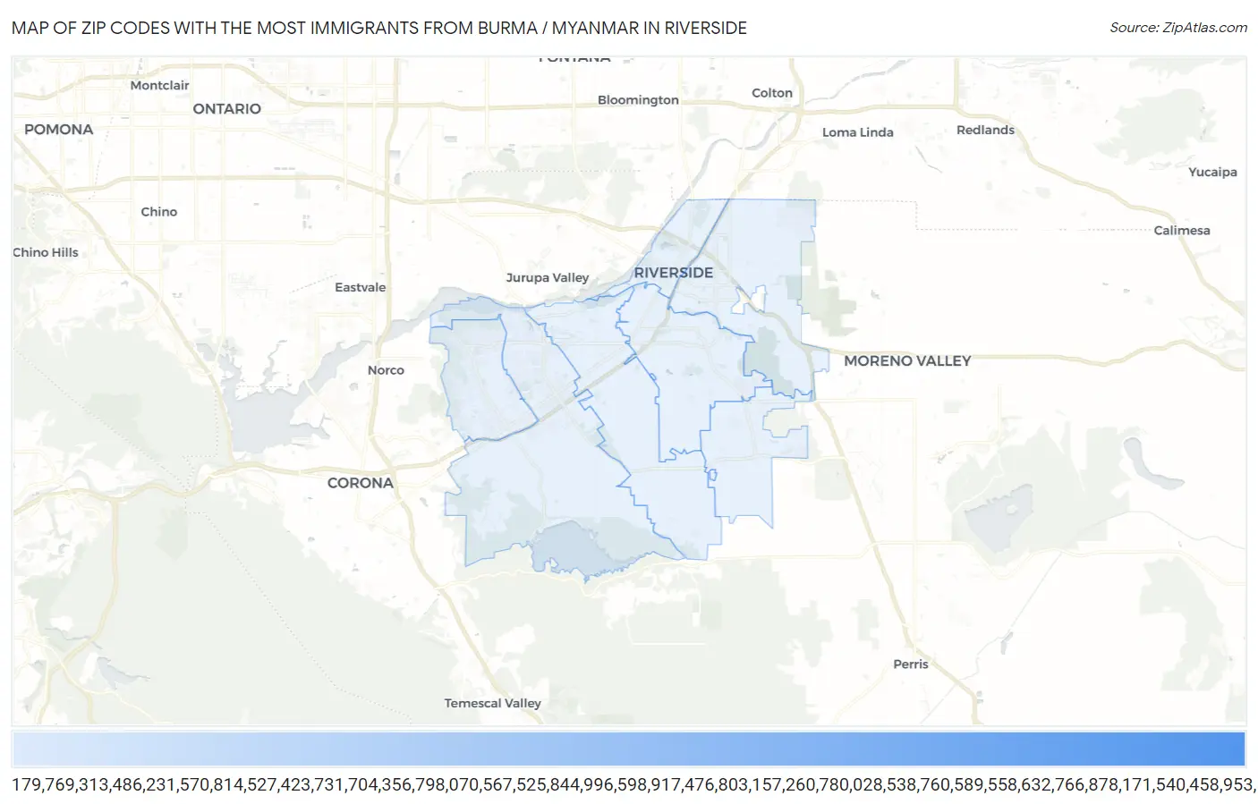 Zip Codes with the Most Immigrants from Burma / Myanmar in Riverside Map