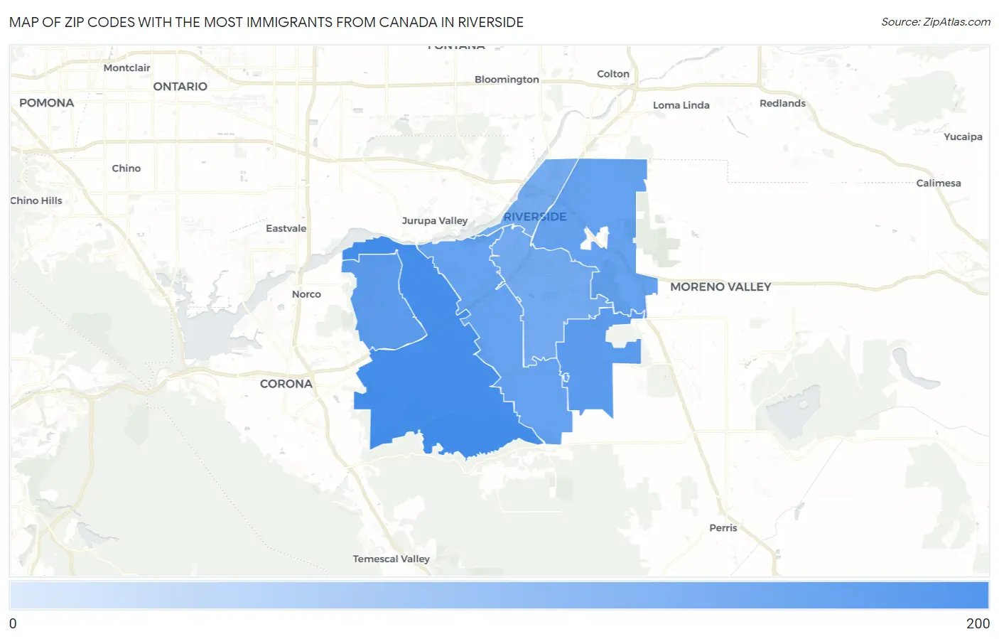 Zip Codes with the Most Immigrants from Canada in Riverside Map