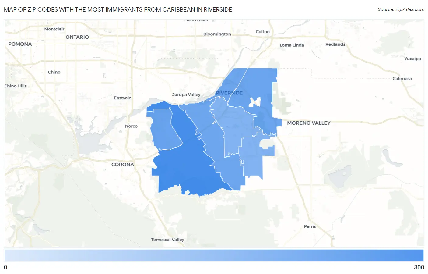 Zip Codes with the Most Immigrants from Caribbean in Riverside Map
