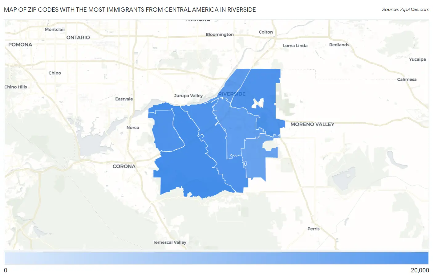 Zip Codes with the Most Immigrants from Central America in Riverside Map