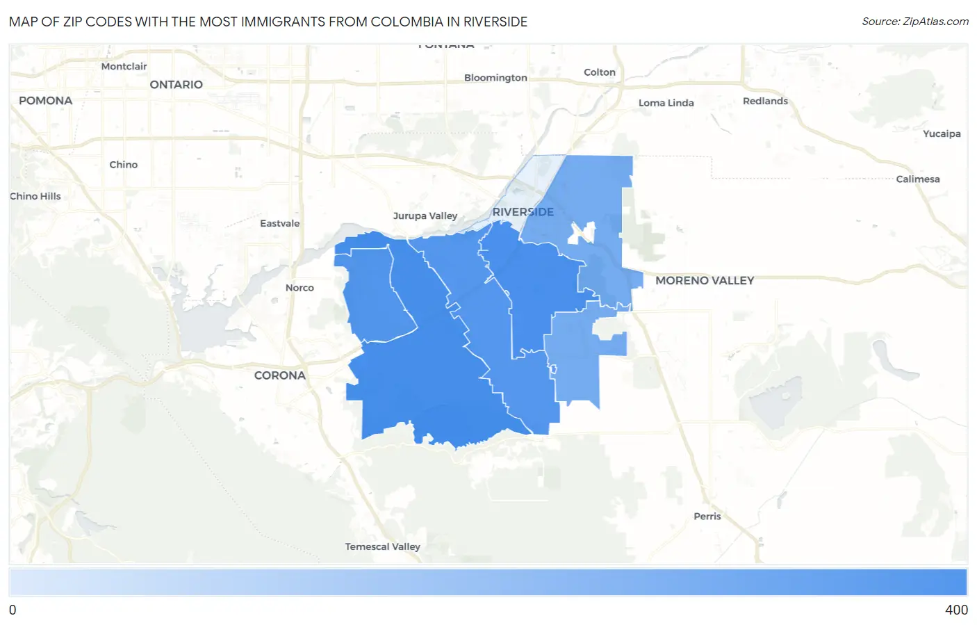 Zip Codes with the Most Immigrants from Colombia in Riverside Map