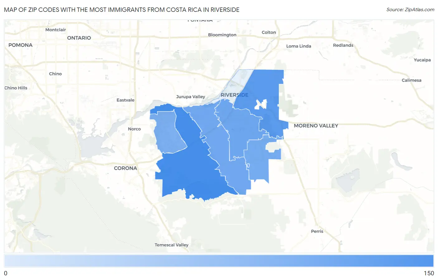 Zip Codes with the Most Immigrants from Costa Rica in Riverside Map