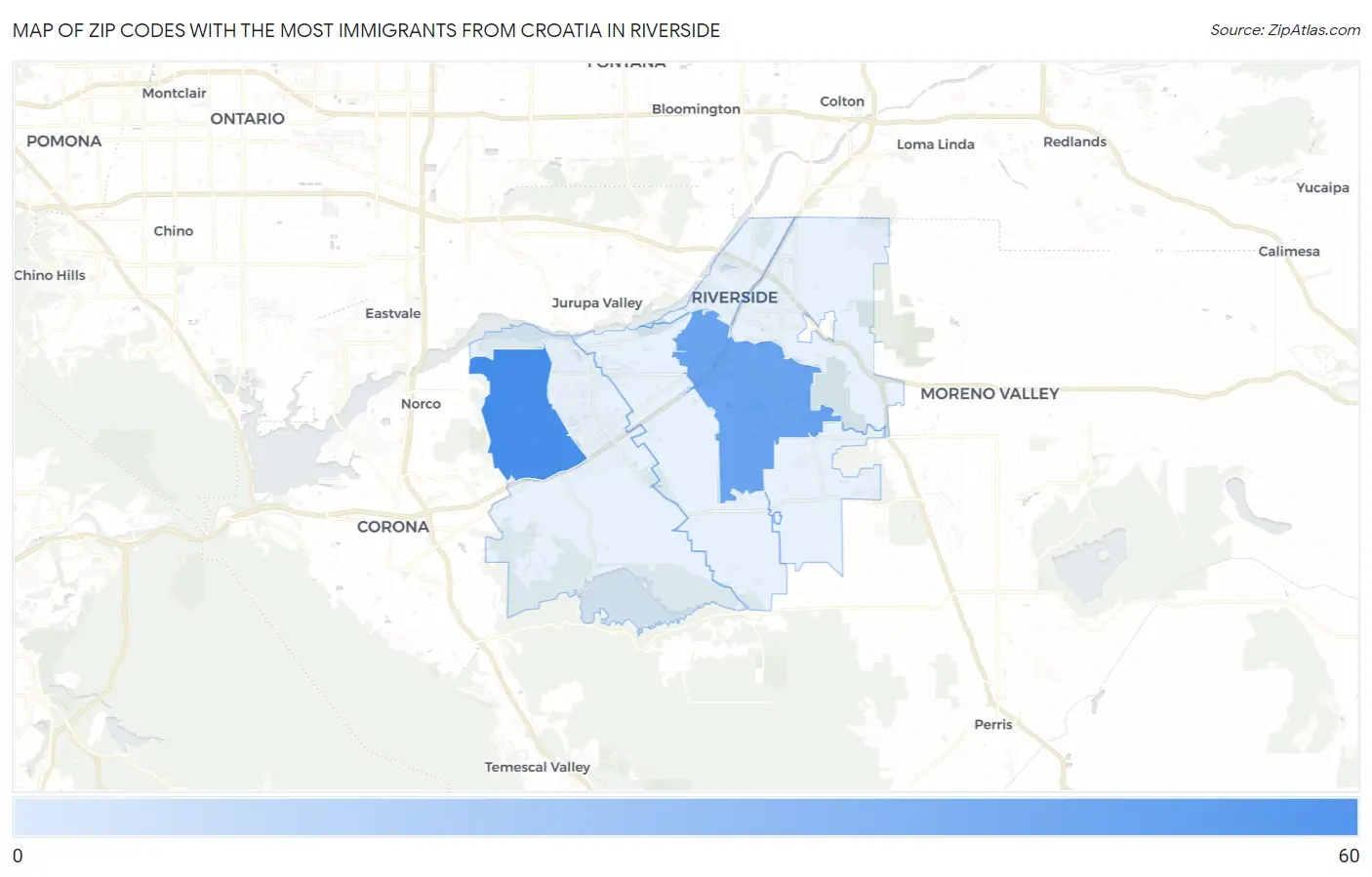Zip Codes with the Most Immigrants from Croatia in Riverside Map