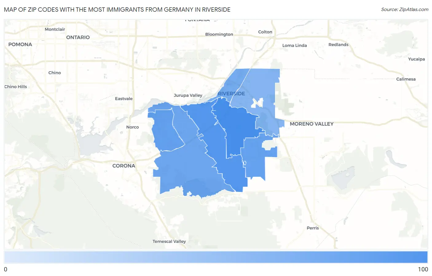 Zip Codes with the Most Immigrants from Germany in Riverside Map
