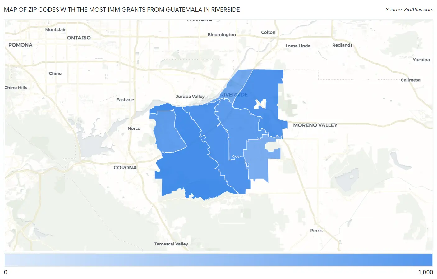 Zip Codes with the Most Immigrants from Guatemala in Riverside Map