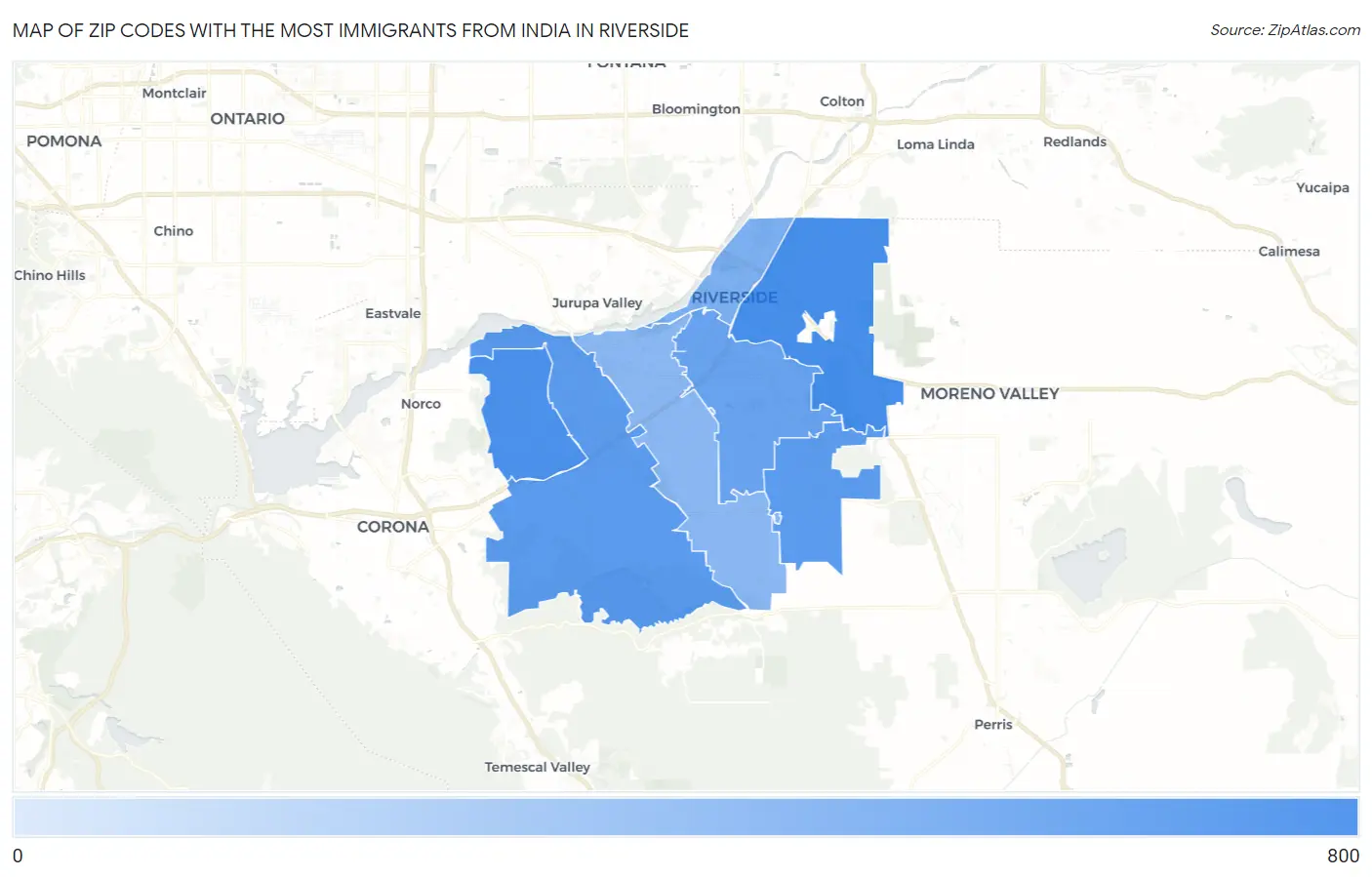 Zip Codes with the Most Immigrants from India in Riverside Map