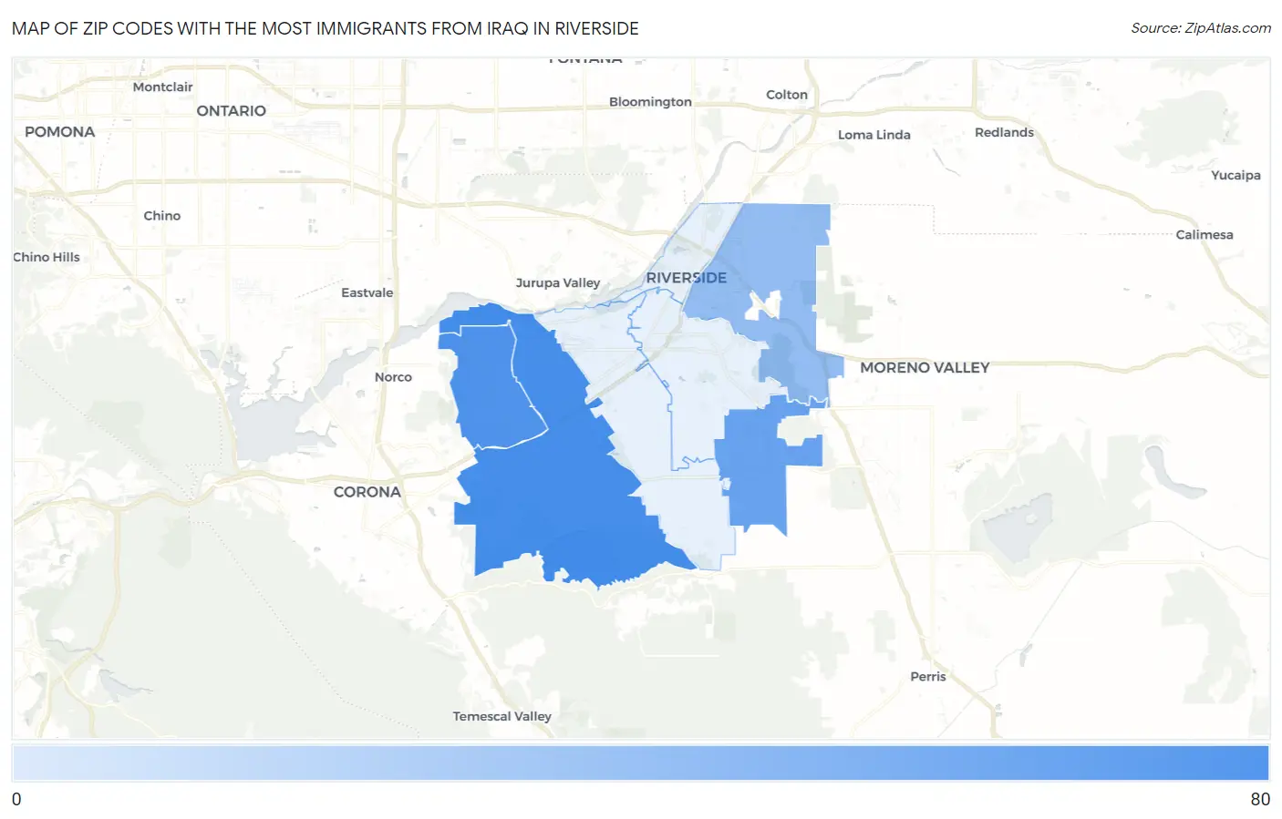 Zip Codes with the Most Immigrants from Iraq in Riverside Map