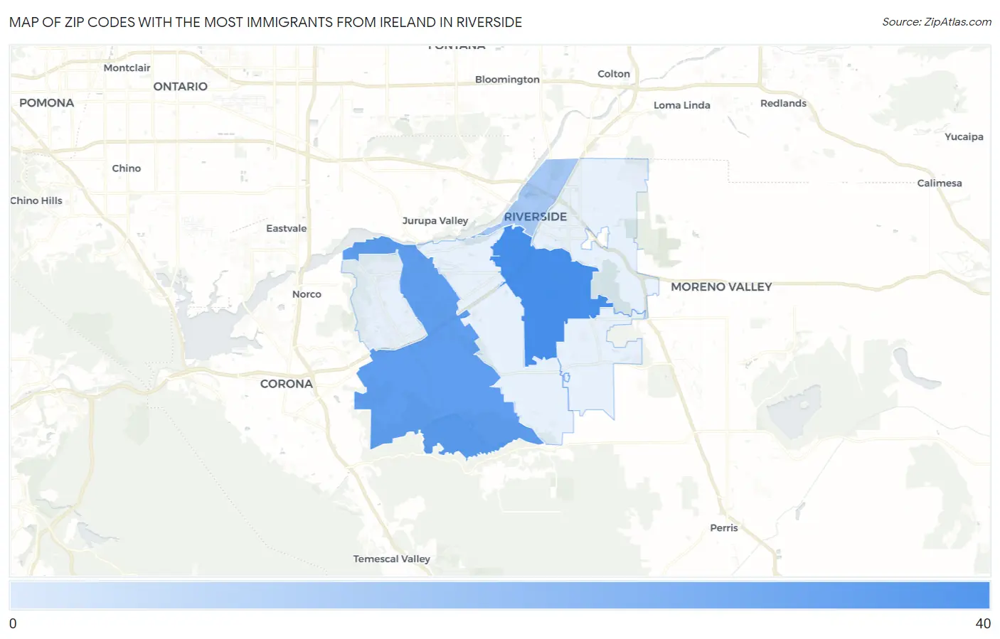 Zip Codes with the Most Immigrants from Ireland in Riverside Map