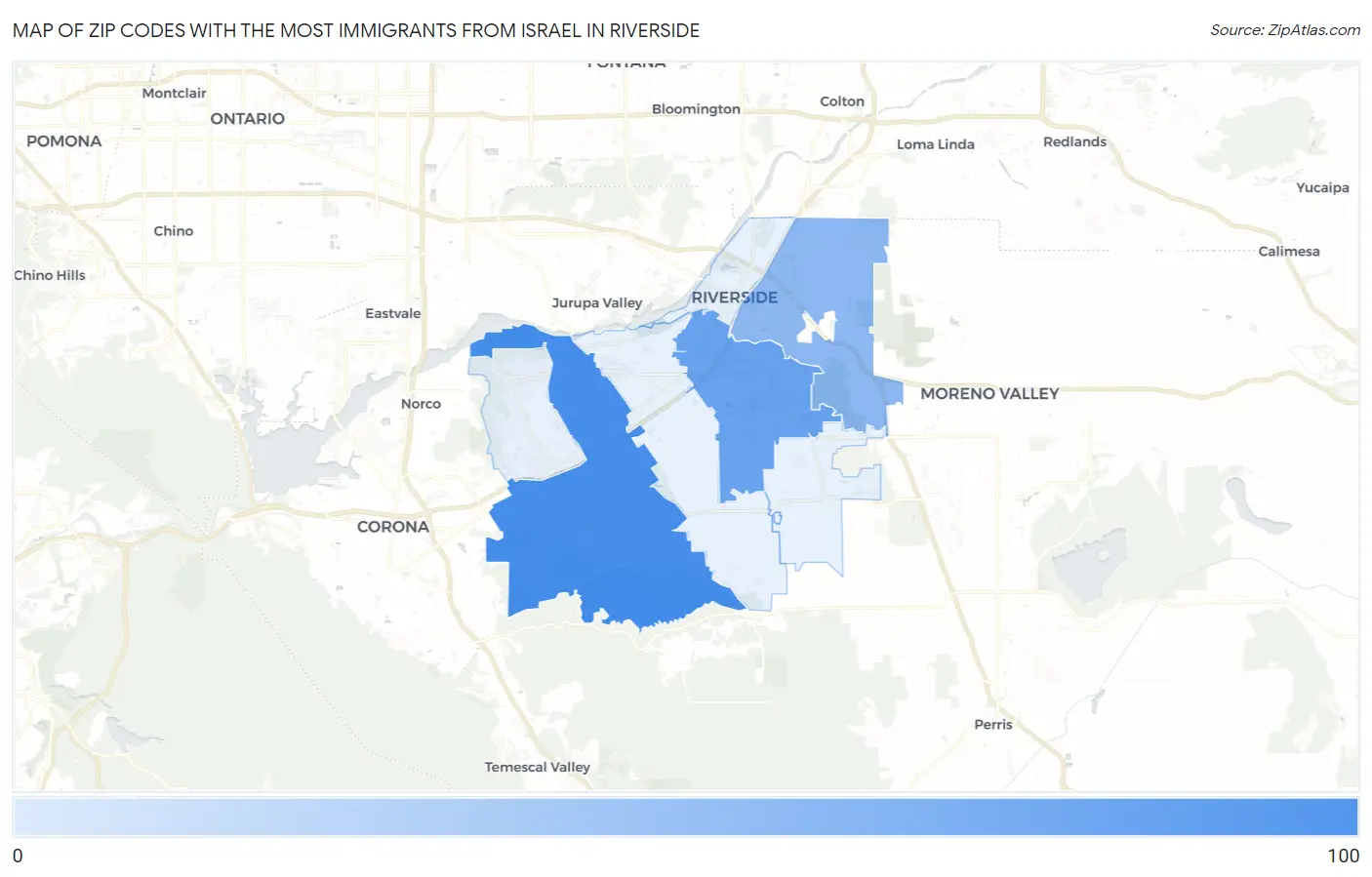 Zip Codes with the Most Immigrants from Israel in Riverside Map