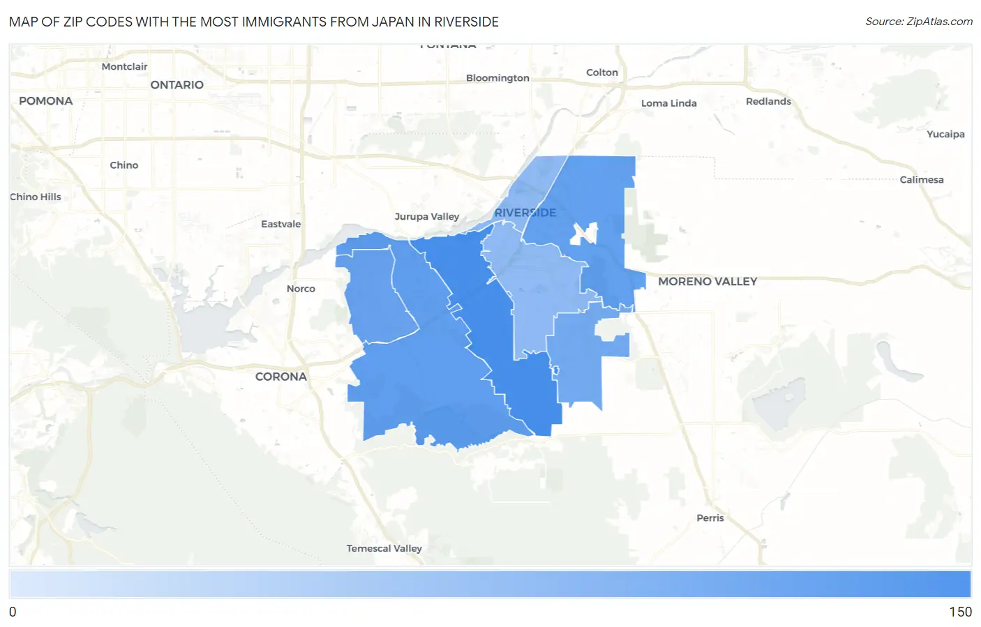 Zip Codes with the Most Immigrants from Japan in Riverside Map